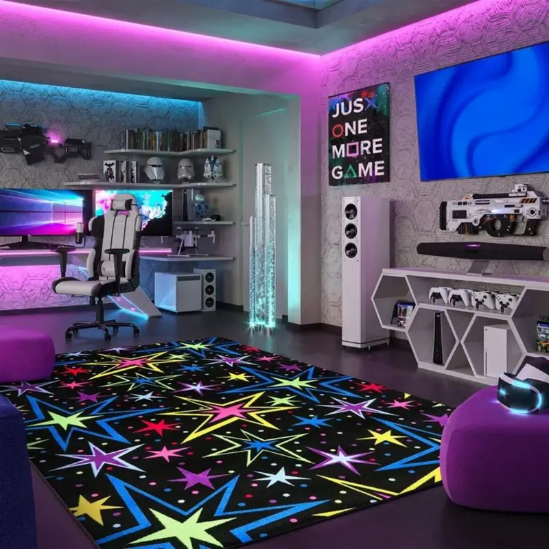 Gaming Console Room - VIKAMA ゲーミングスターエリアラグ ブラック カラフルな星柄 滑り止め 洗えるカーペット
