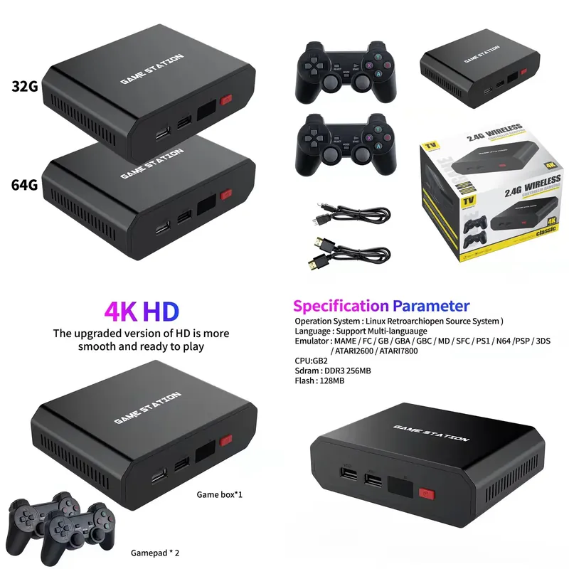 Gaming Consoles - M8plus HDビデオゲームコンソールボックス 2.4GデュアルワイヤレスコントローラーゲームパッドTV 32G/64G 10000シミュレーターゲームプレーヤーセットアクセサリー