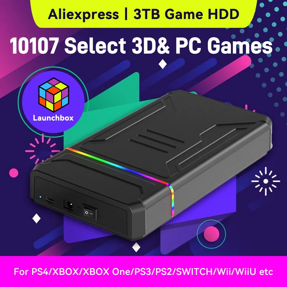 Gaming Console Chinese - 3TB ランチボックス ポータブルゲーミングHDD（10107ゲーム、32エミュレーター搭載）XBOX/XBOX ONE/PS4/PS3/Switch/WiiUゲーム機、Windows PC対応